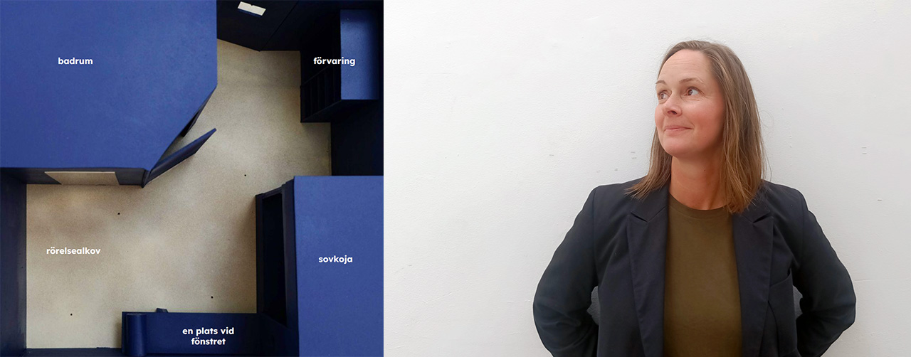 Bild på Kristina Hansson och en prototyp på ett boenderum. 